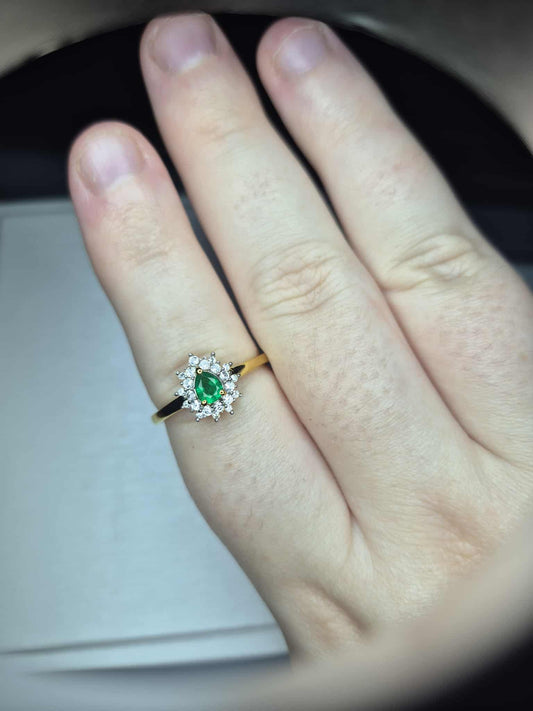 Colombian Emerald &amp; White Zircon Halo Ring in 18K Gold Overlay 925 Sterling Silver SIZE R