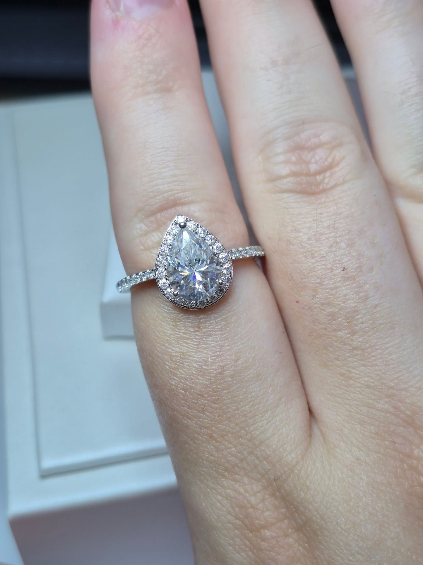 D-VVS1 Moissanite Pear Halo Ring in Rhodium Overlay Sterling Silver SIZE Q