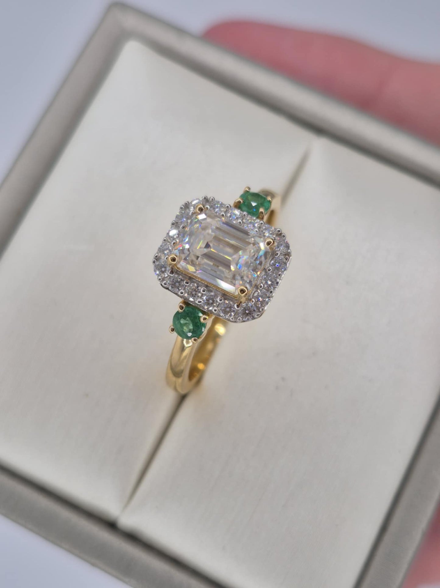 2.300ct. Octagon Cut Moissanite & Emerald Ring 18k Gold Overlay 925 Sterling Silver SIZE T