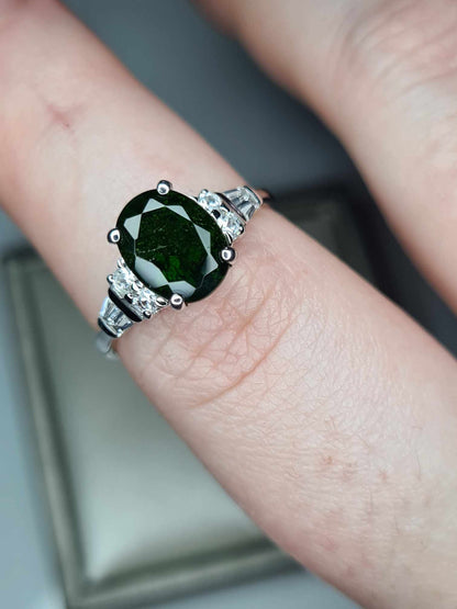 2.40ct Natural Russian Diopside and Natural Zircon Ring 925 Sterling Silver SIZE N