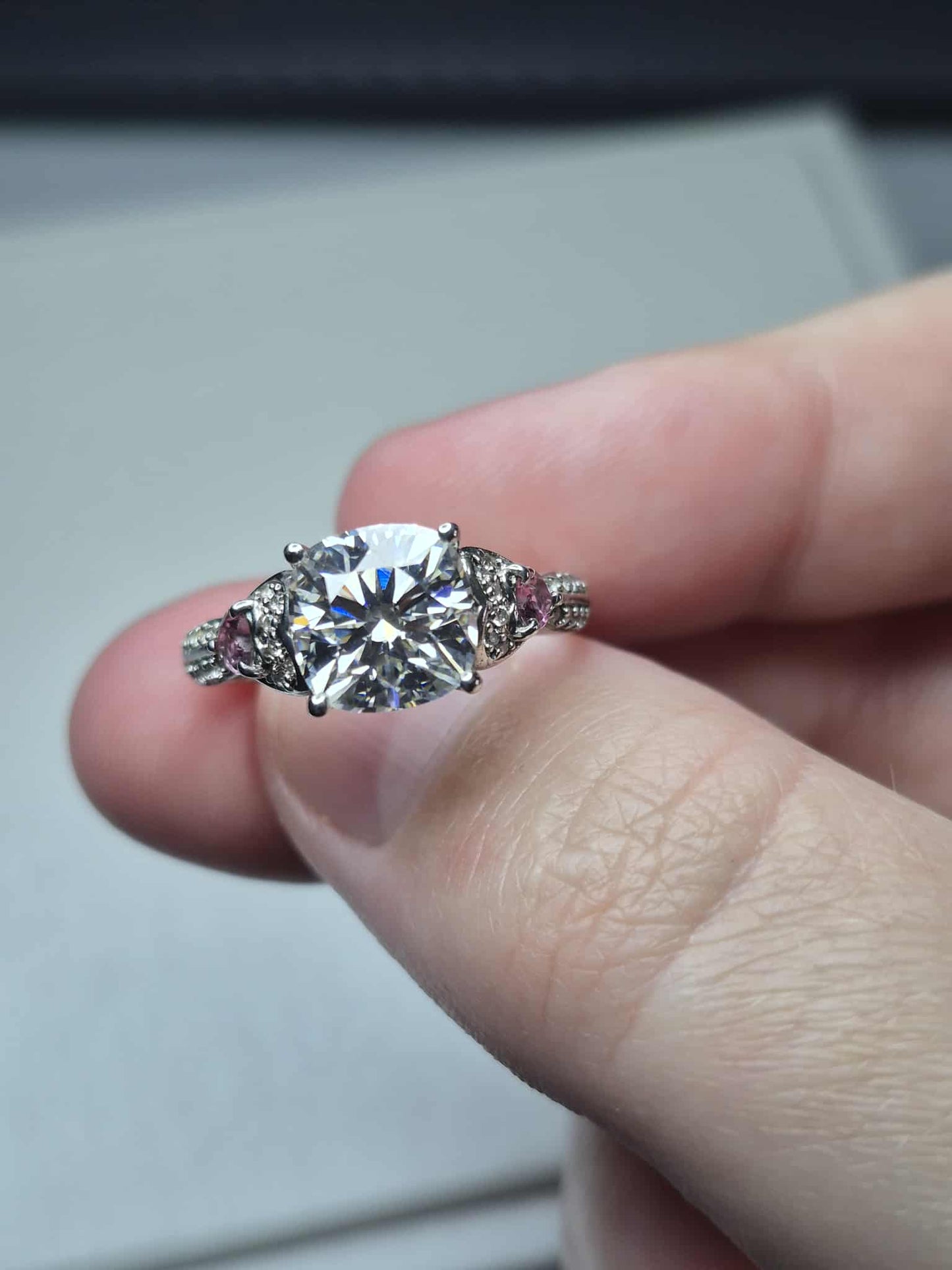 3.07ct Moissanite, Pink Tourmaline &amp; Natural Zircon Ring 925 Sterling Silver SIZE M