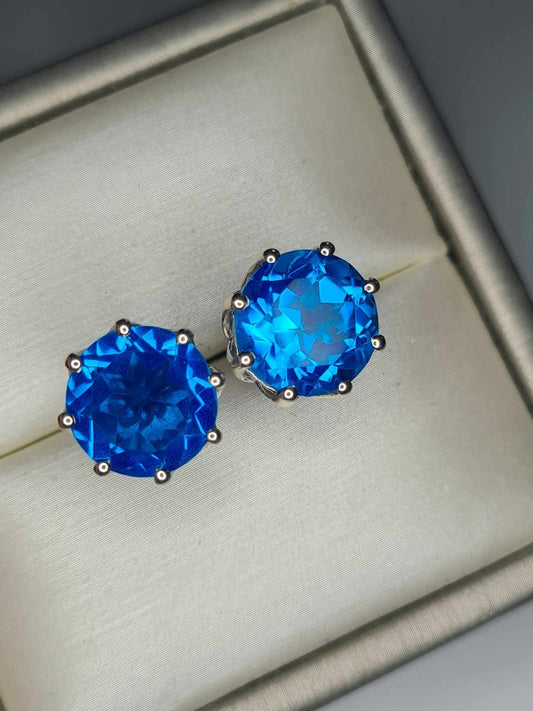 10.52 Ct Blue/Caribbean Quartz Solitaire Stud Earrings 925 Sterling Silver