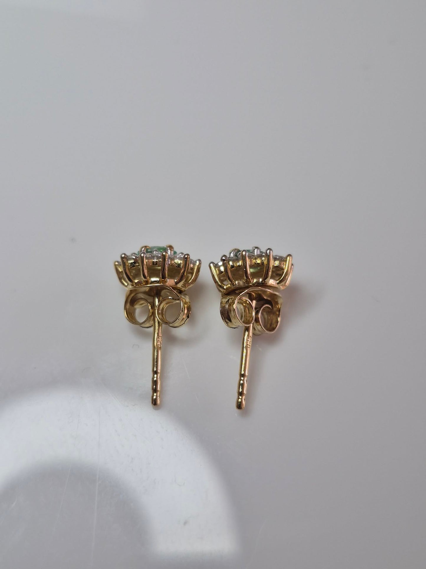 Colombian Emerald & White Zircon Stud Earrings 18k Gold Overlay 925 Sterling Silver