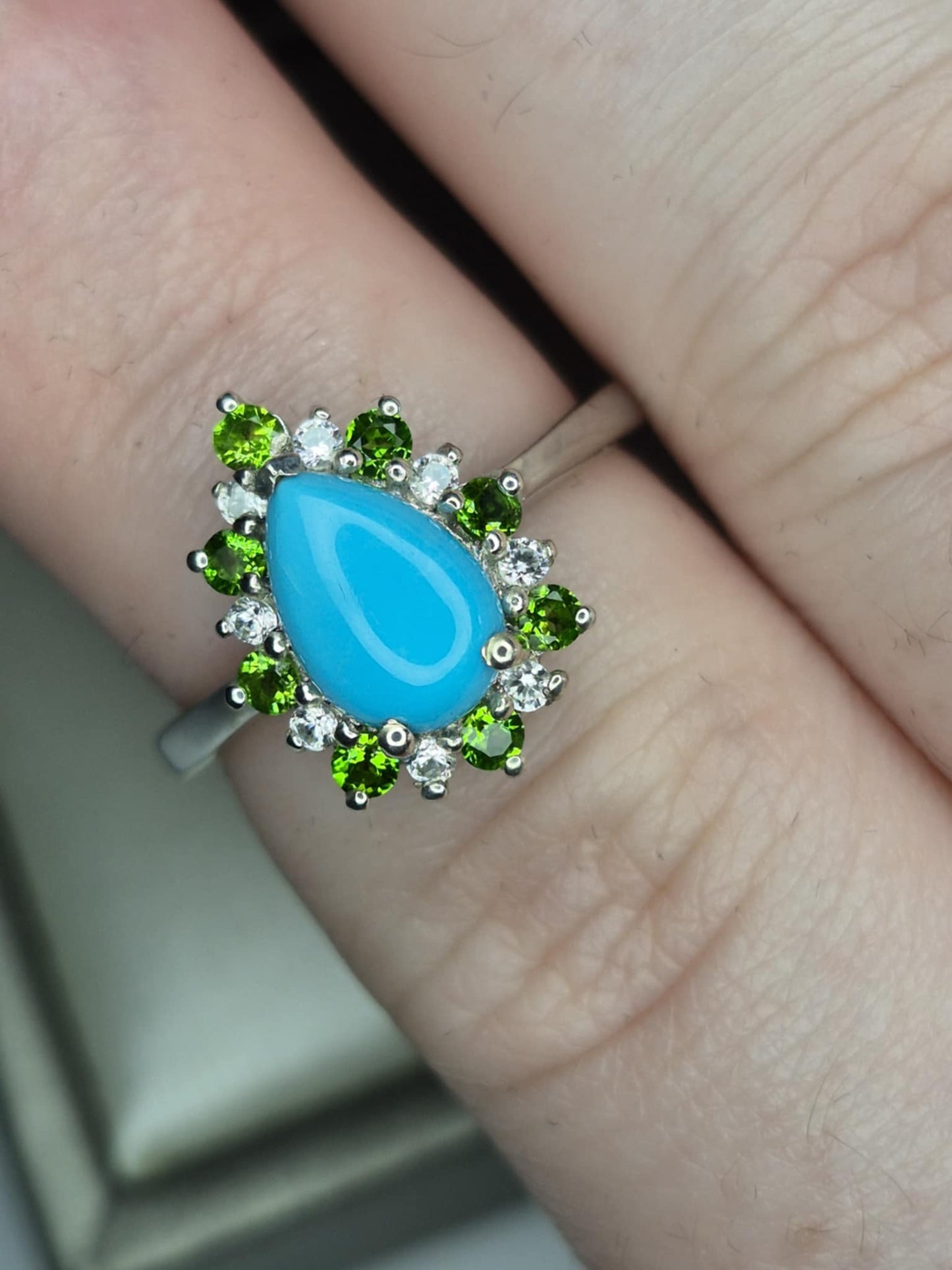 1.75ct Sleeping Beauty Turquoise, Russian Diopside, White Zircon Halo Ring in 925 Sterling Silver SIZE L