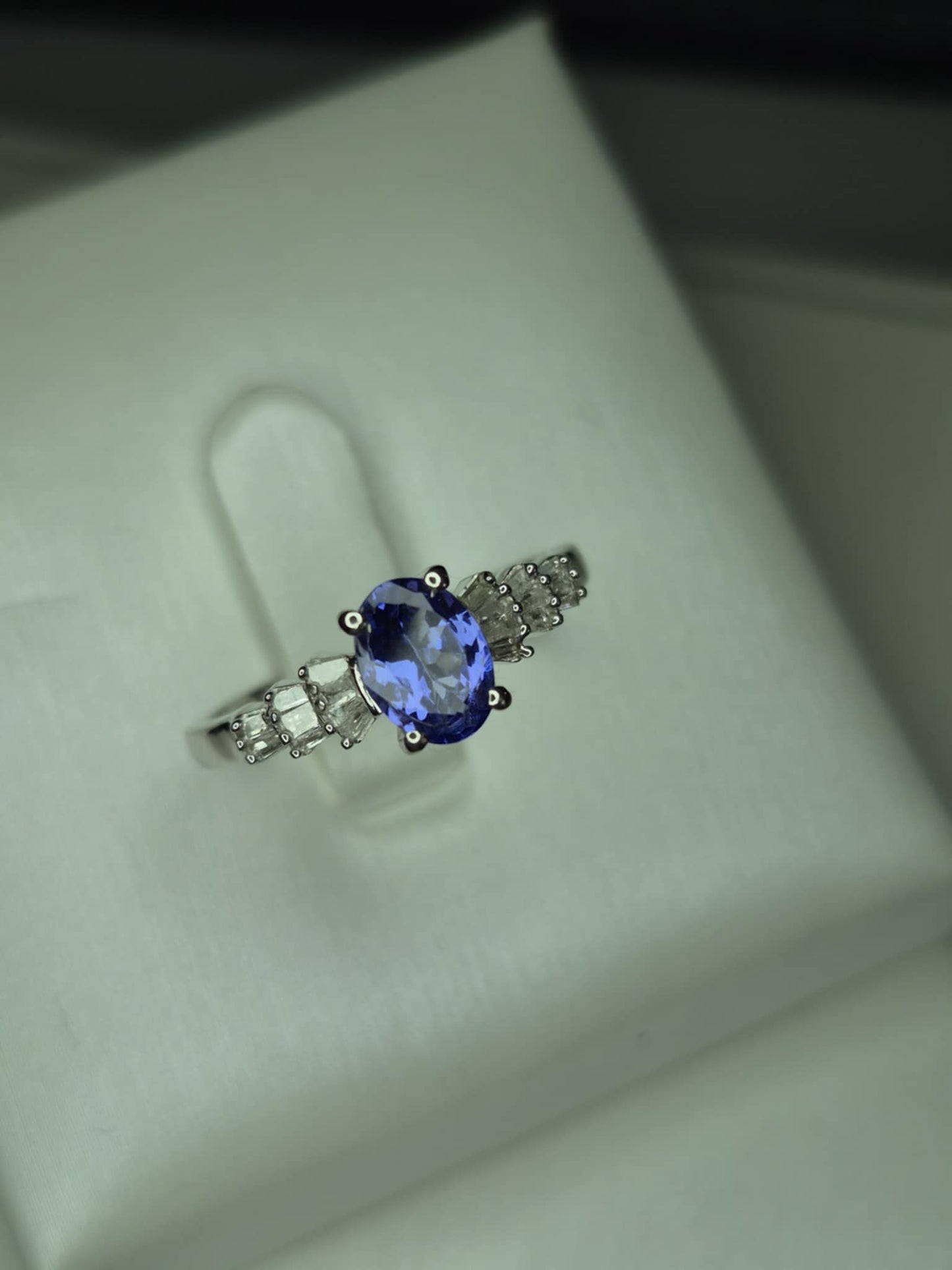 Tanzanite & White Diamond Ballerina Ring Rhodium Overlay 925 Sterling Silver SIZE M
