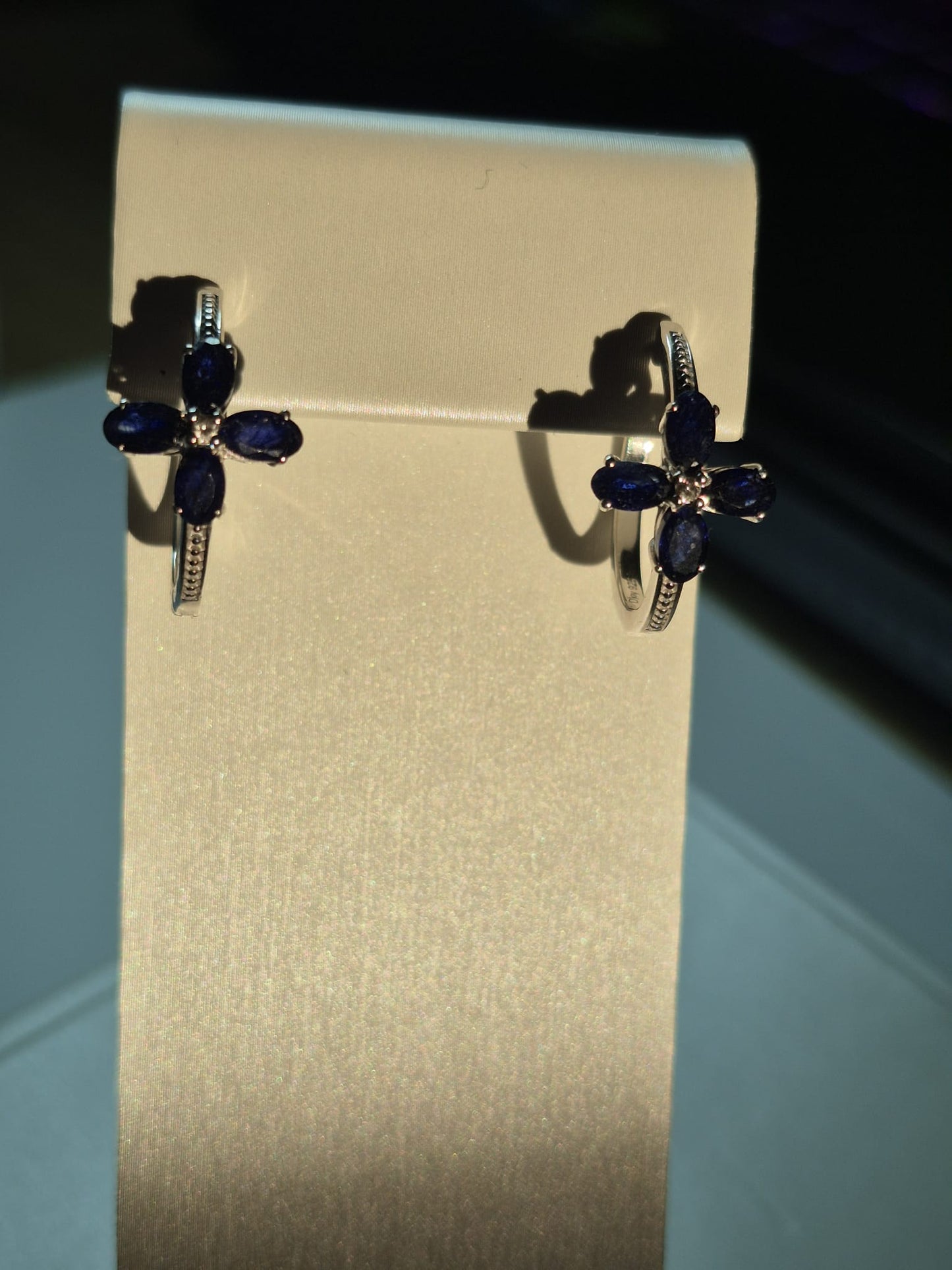 Masoala Sapphire &amp; White Zircon Hoop Earrings 925 Sterling Silver with a rhodium overlay