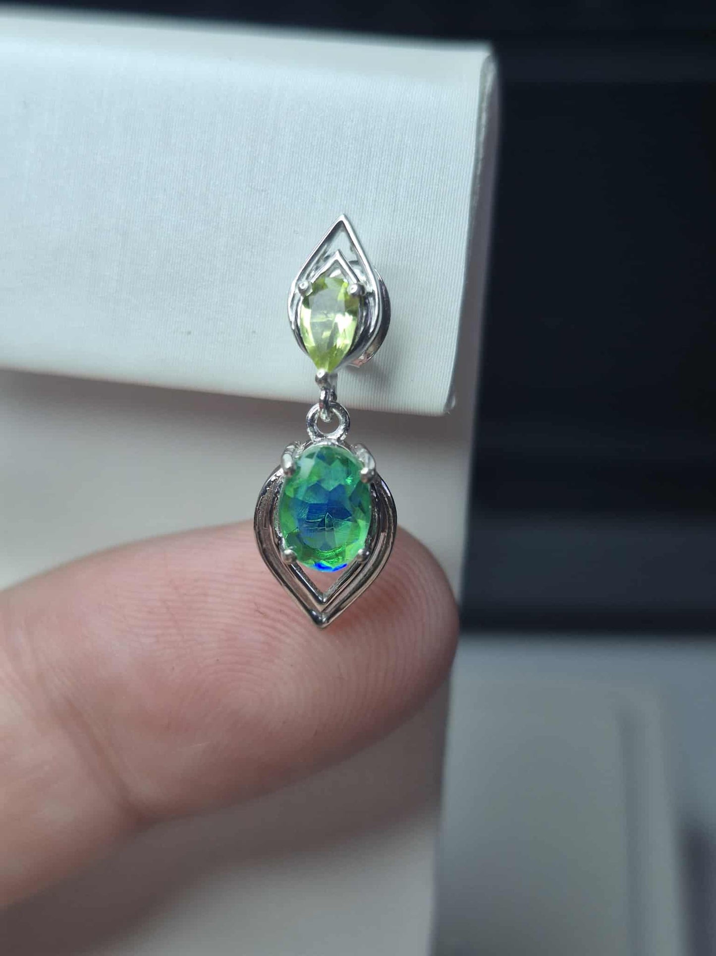 2.08ct Peacock Triplet Quartz & Peridot Dangling Earrings 925 Sterling Silver