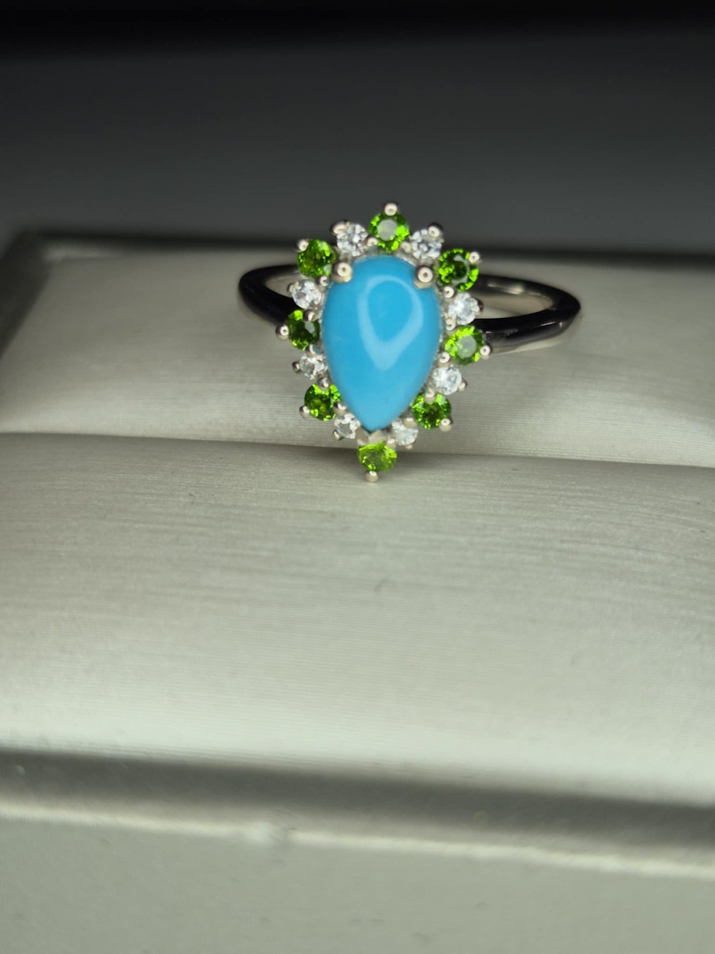 1.75ct Sleeping Beauty Turquoise, Russian Diopside, White Zircon Halo Ring in 925 Sterling Silver SIZE L