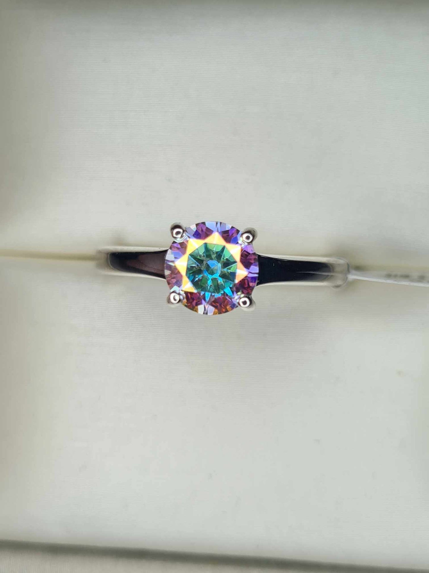 1ct Rainbow Moissanite Solitaire Ring in Rhodium Overlay Sterling Silver SIZES N,O, P