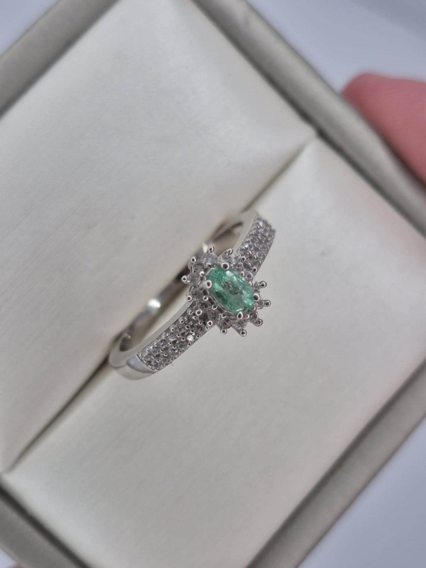 Colombian Emerald & White Zircon Halo Ring in Rhodium Overlay 925 Sterling Silver SIZE N