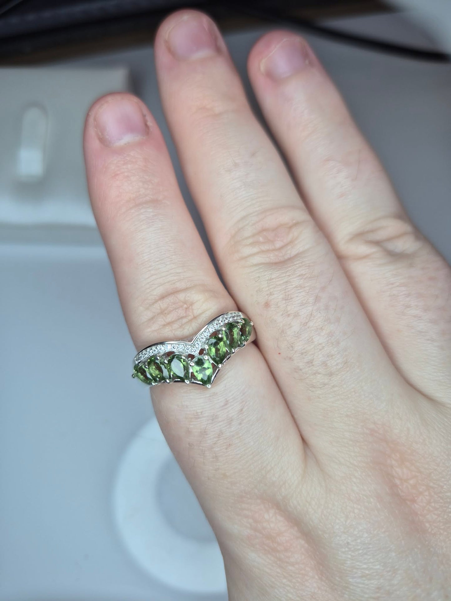 1.85ct Green Apatite WishBone Ring in Platinum Overlay925 Sterling Silver SIZE S