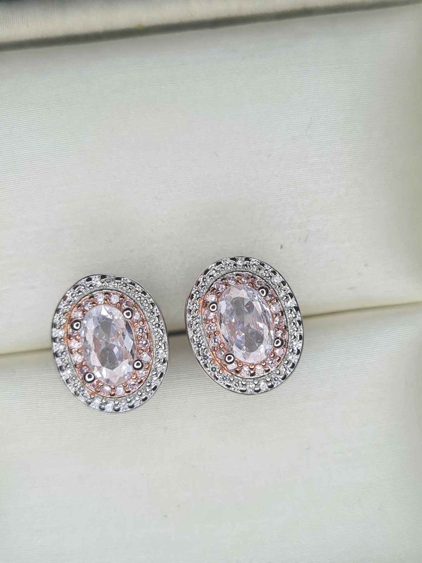 2ct White & Pink Zirconia Double Halo Stud Earrings 925 Sterling Silver