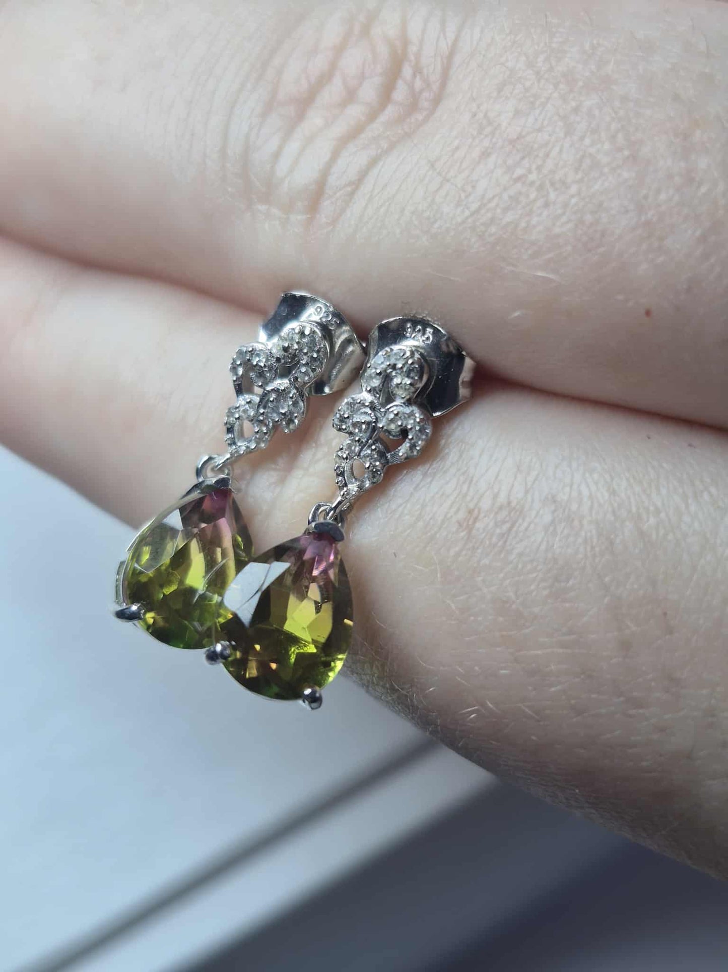 Rainbow Genesis Quartz, White Zircon Dangle Earrings in 925 Sterling Silver