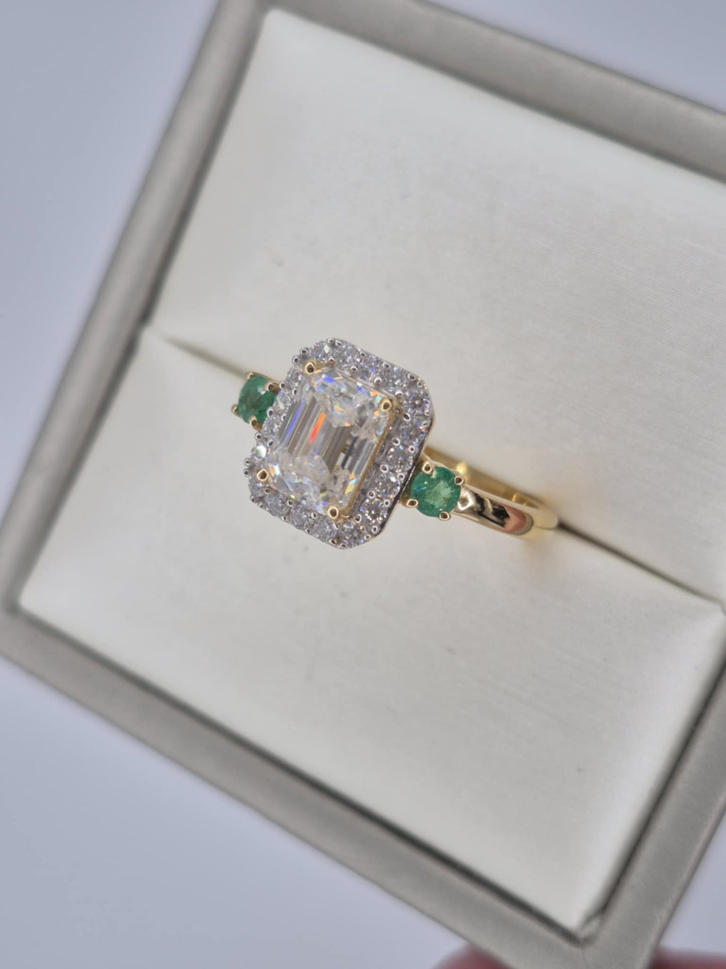 2.300ct. Octagon Cut Moissanite & Emerald Ring 18k Gold Overlay 925 Sterling Silver SIZE T