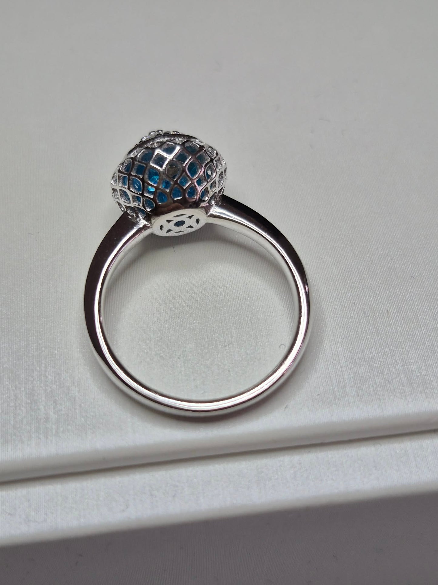 Art Deco Blue Apatite Ring in Rhodium Overlay 925 Sterling Silver SIZE N