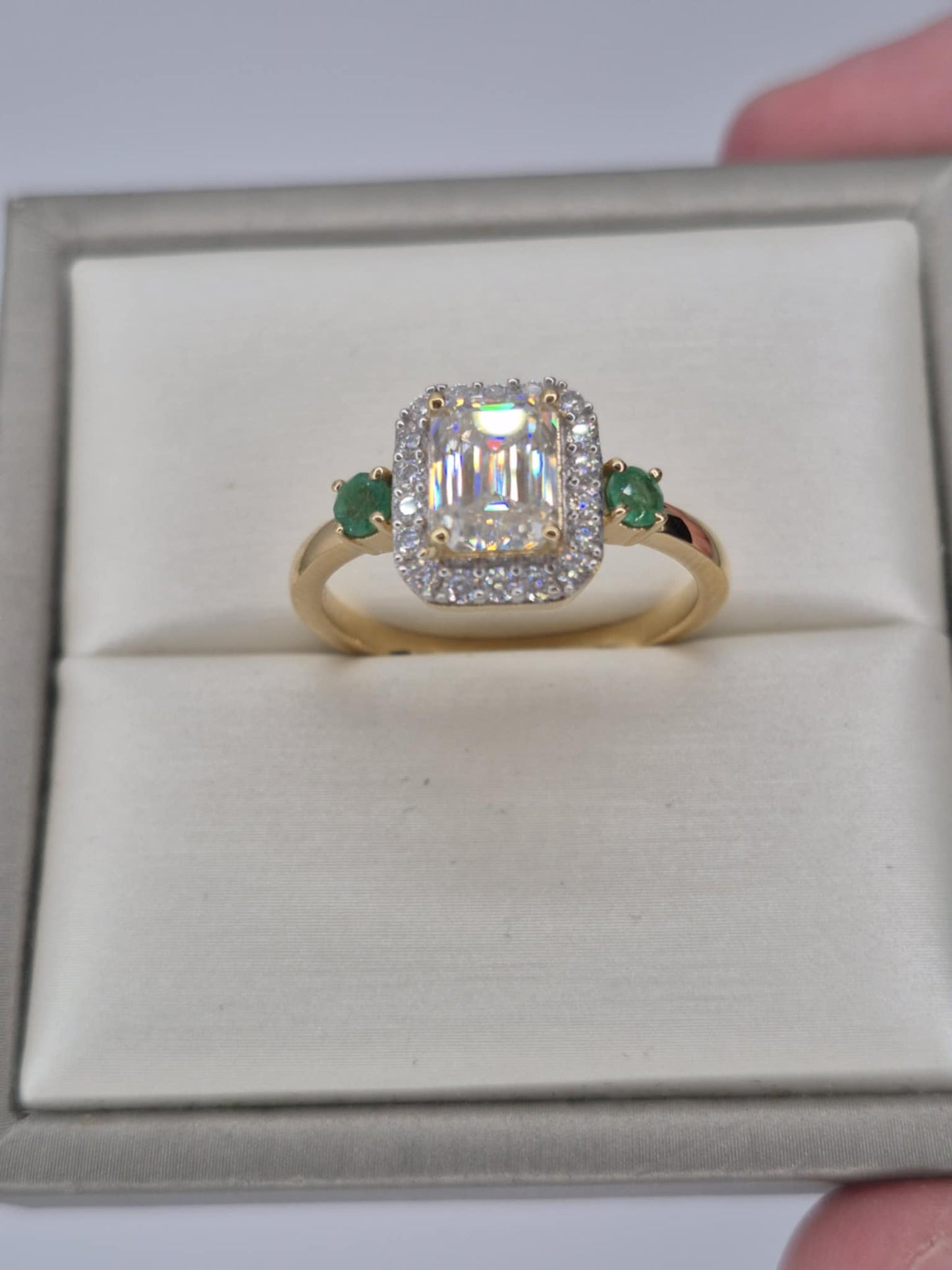 2.300ct. Octagon Cut Moissanite & Emerald Ring 18k Gold Overlay 925 Sterling Silver SIZE T