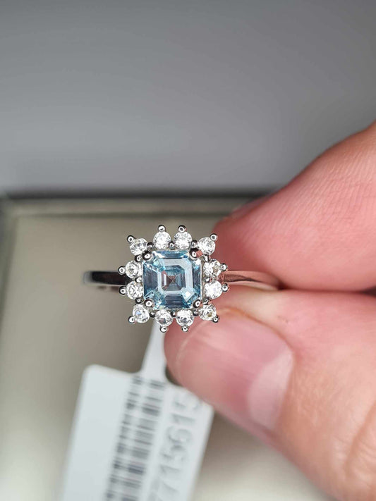 1.25ct Blue & White Zircon Halo Ring in Platinum Overlay 925 Sterling Silver SIZE L