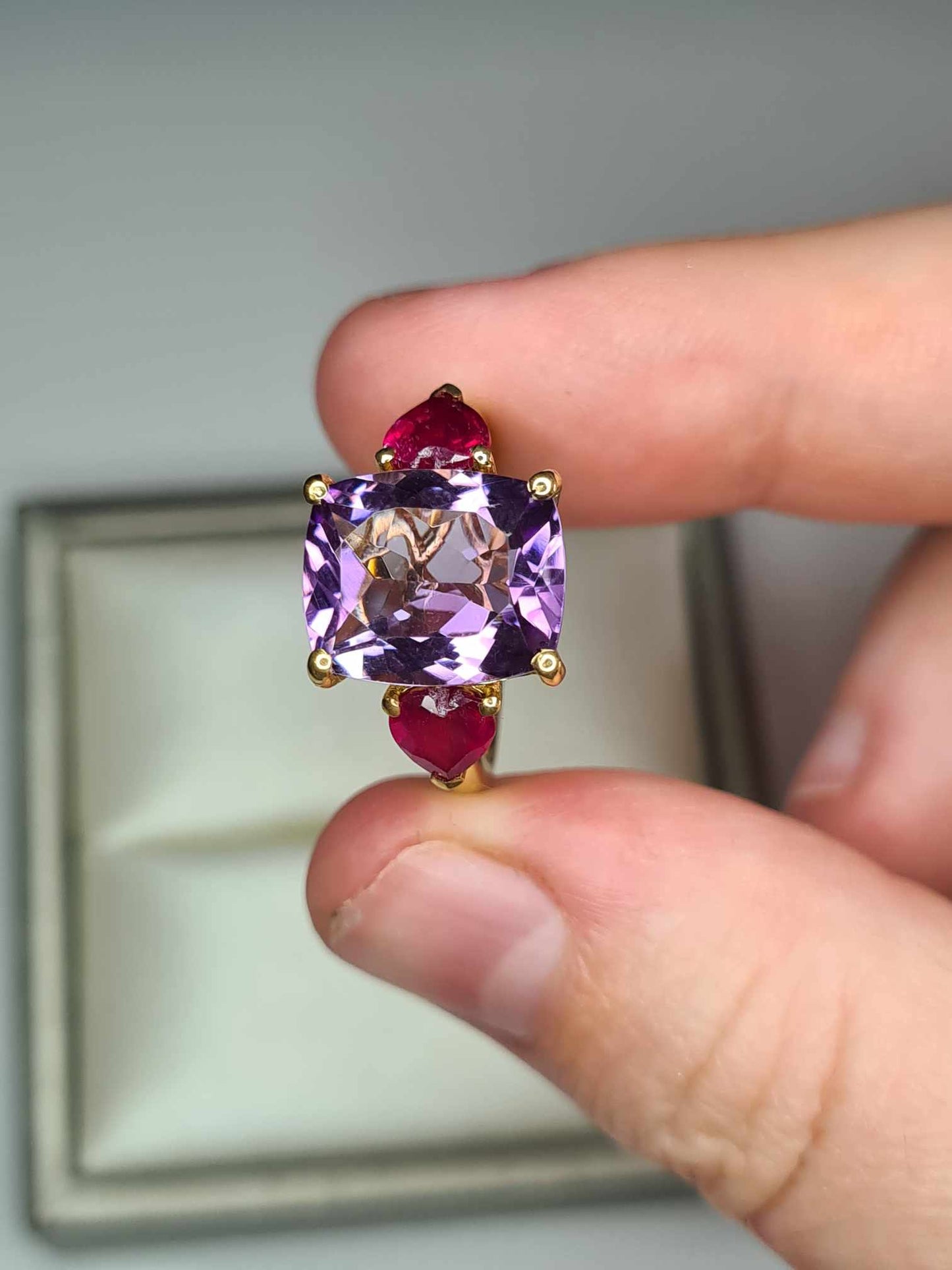 6.660 Ct. African Amethyst & Ruby Trilogy Ring in 18K Gold Overlay 925 Sterling Silver