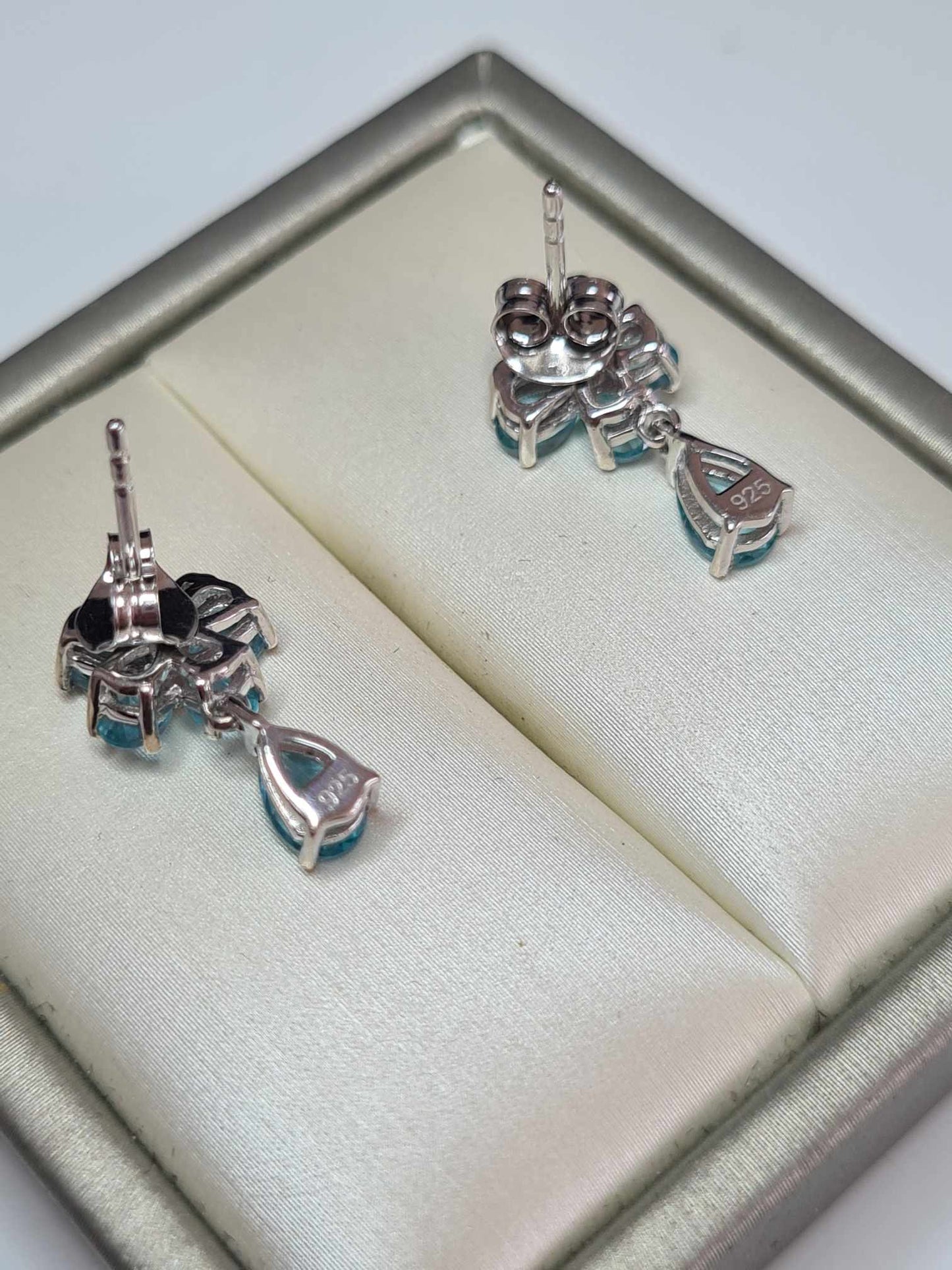 Blue Apatite Dangle Butterfly Earrings in Rhodium Overlay 925 Sterling Silver