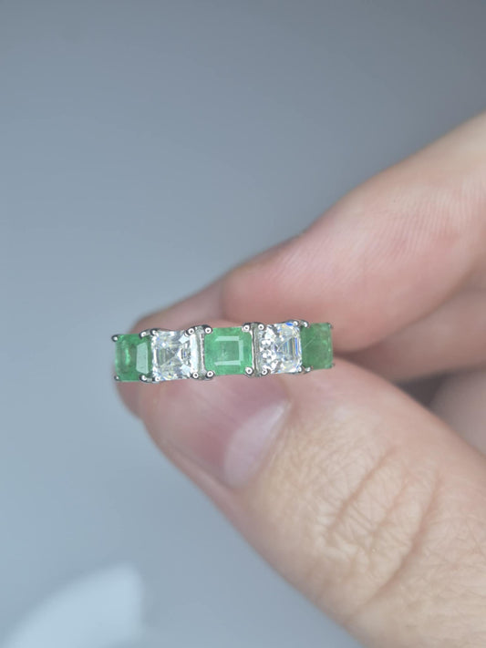 1.70ct Emerald & Moissanite 5 Stone Ring in Platinum 925 Overlay Sterling Silver SIZE L