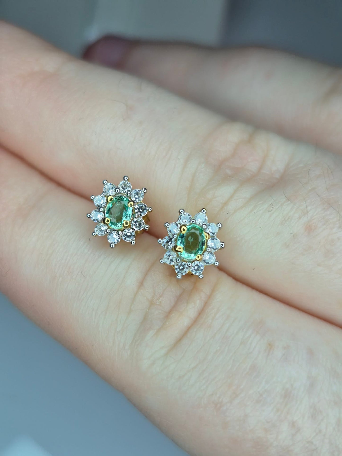 Colombian Emerald & White Zircon Stud Earrings 18k Gold Overlay 925 Sterling Silver