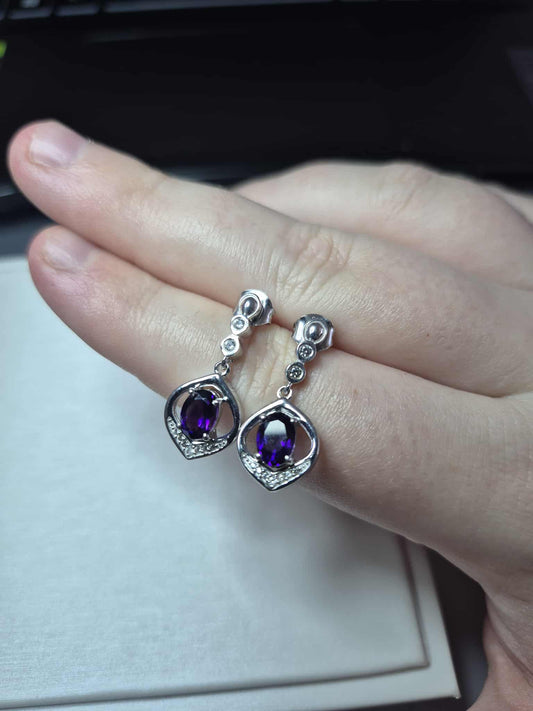 1.68ct Natural Moroccan Amethyst & White Zircon Earrings in Rhodium Overlay 925 Sterling Silver