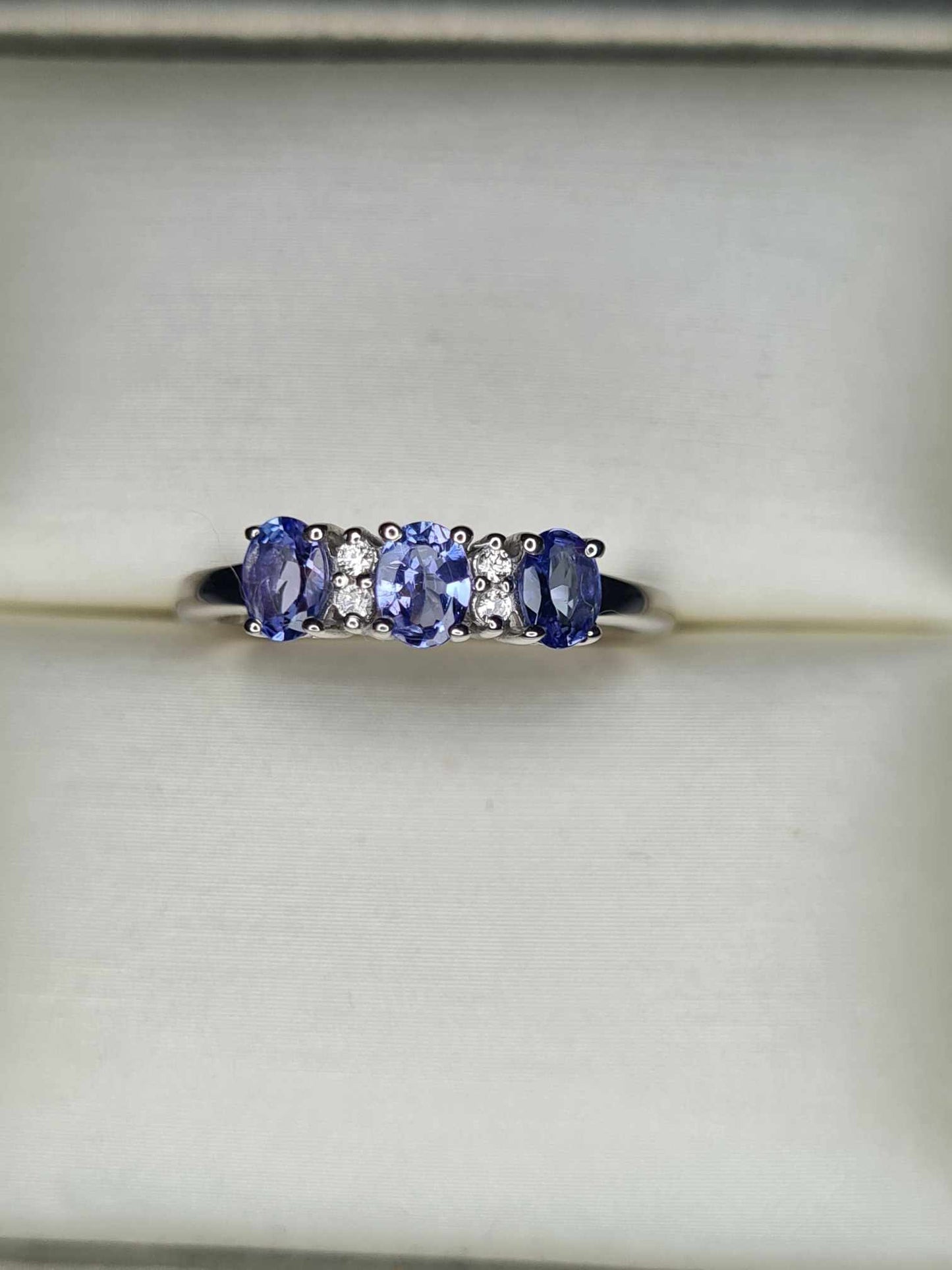 1.800ct Tanzanite Trilogy  ring with Natural White Zircon in Platinum Overlay 925 sterling Silver SIZE K