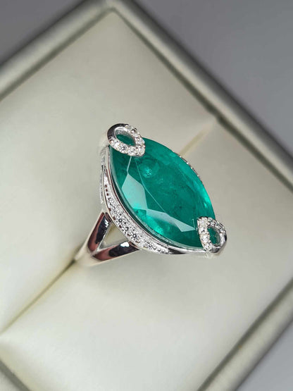 6.701ct Emeraldine Triplet Quartz & White Zircon Marquise Solitaire Ring 925 Sterling Silver SIZE M