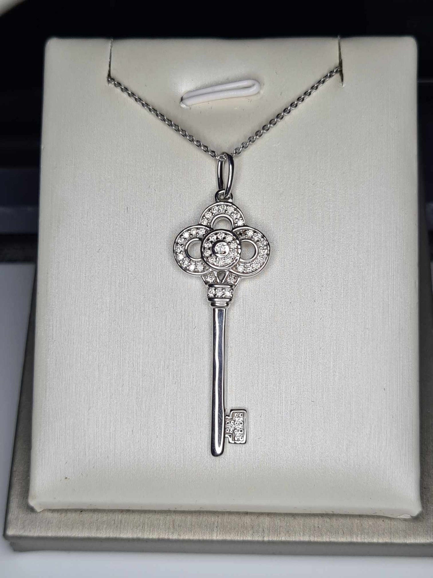 Moissanite Key Necklace Platinum Overlay 925 Sterling Silver