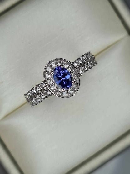 1.35ct AAA Tanzanite &amp; Natural Zircon Ring in Platinum Overlay 925 Sterling Silver SIZE L