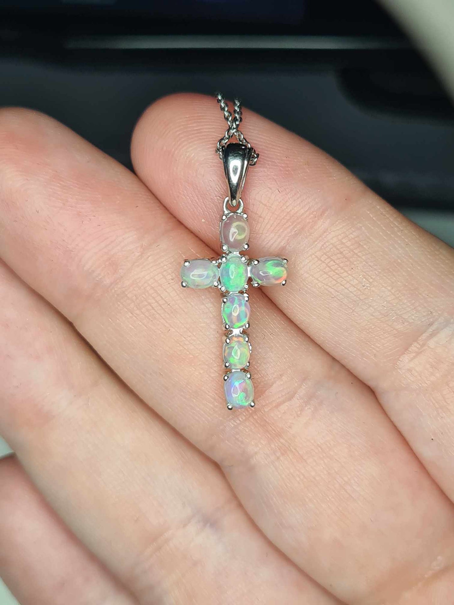 0.760ct. Ethiopian Opal Cross Necklace 925 Sterling Silver with platinum overlay