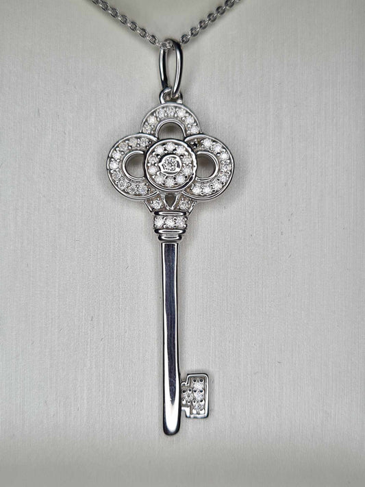 Moissanite Key Necklace Platinum Overlay 925 Sterling Silver