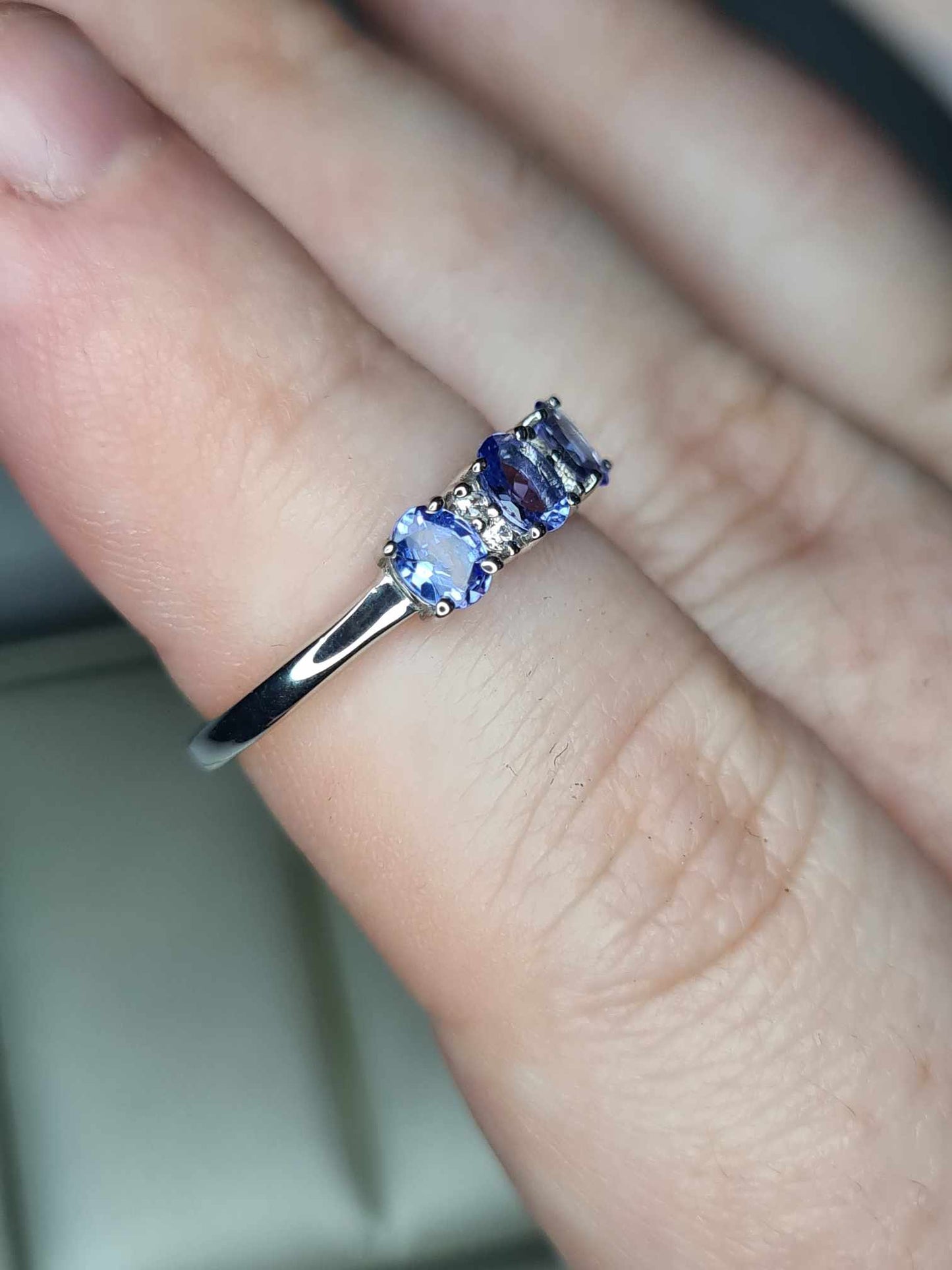 1.800ct Tanzanite Trilogy  ring with Natural White Zircon in Platinum Overlay 925 sterling Silver SIZE K