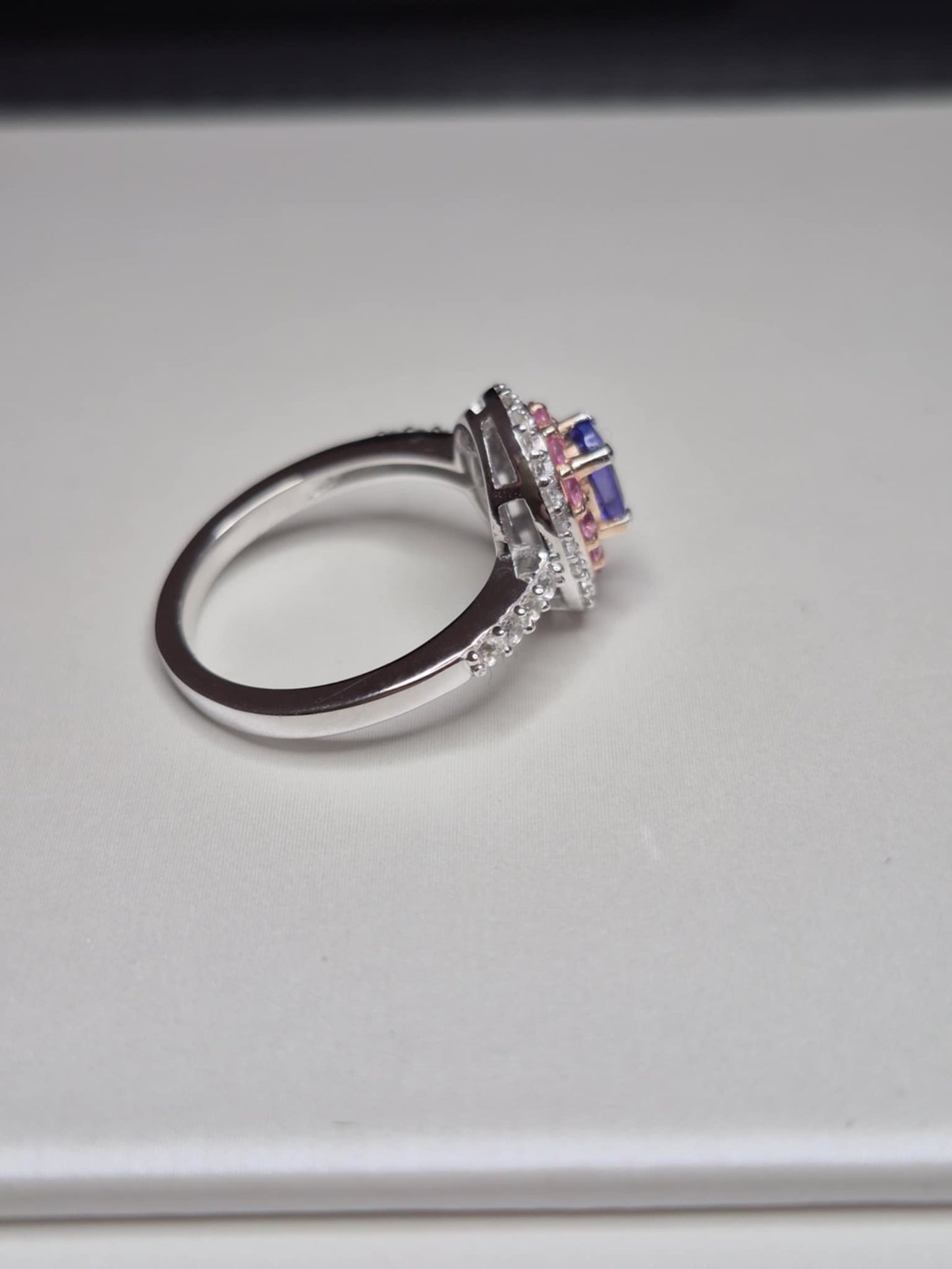 Tanzanite & Pink Sapphire Halo Ring in 925 Sterling Silver SIZE L