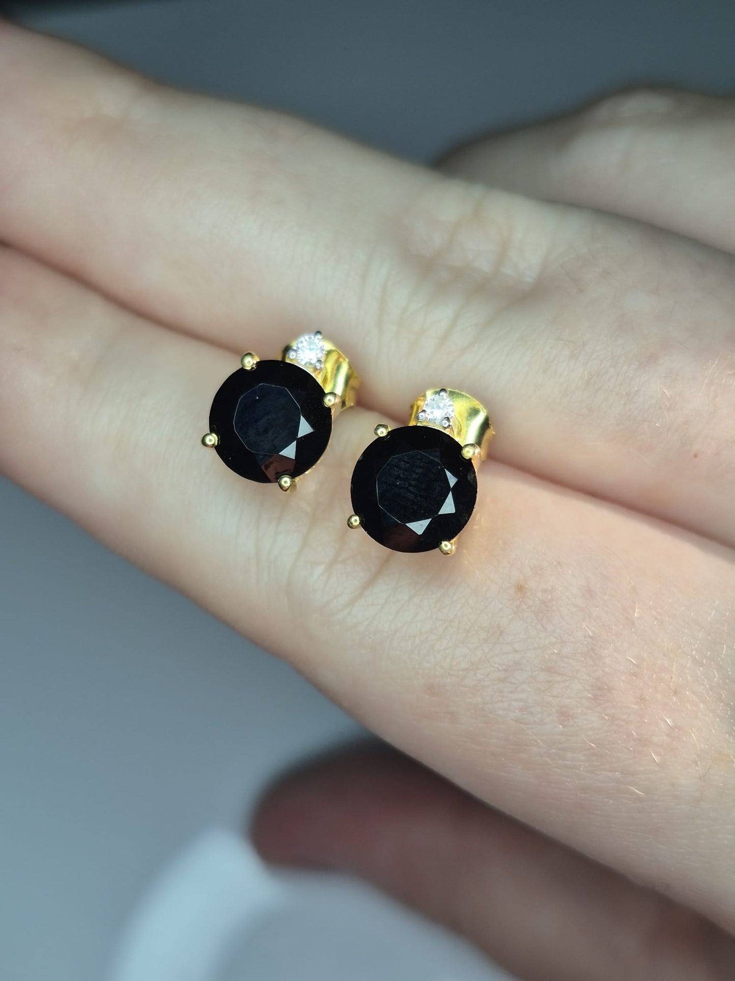 4.65 Ct. Natural Thai Black Spinel & White Zircon Solitaire Stud Earrings 18k Gold 925 Sterling Silver