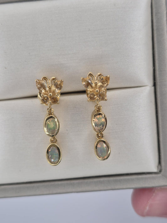 1.32ct Ethiopian Opal, Citrine Butterfly Dangling Earrings in 18K Gold Overlay 925 Sterling Silver