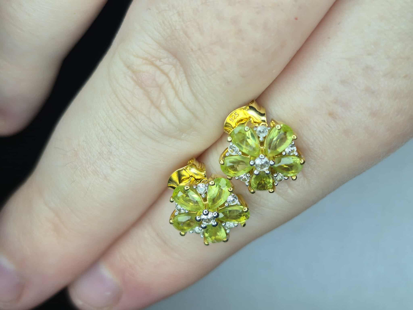 Natural Hebei Peridot & White Zircon Flower Stud Earrings in Gold Overlay 925 Sterling Silver