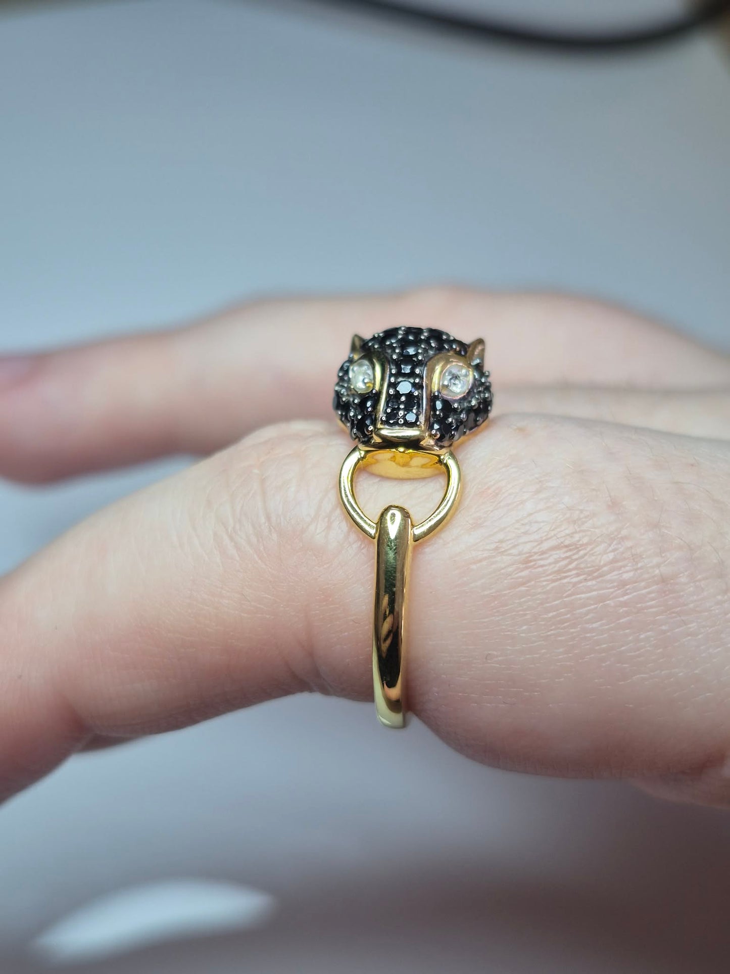 1.16ct Black Spinel &amp; White Zircon Panther Ring in 18K 925 Sterling Silver SZIES R, S