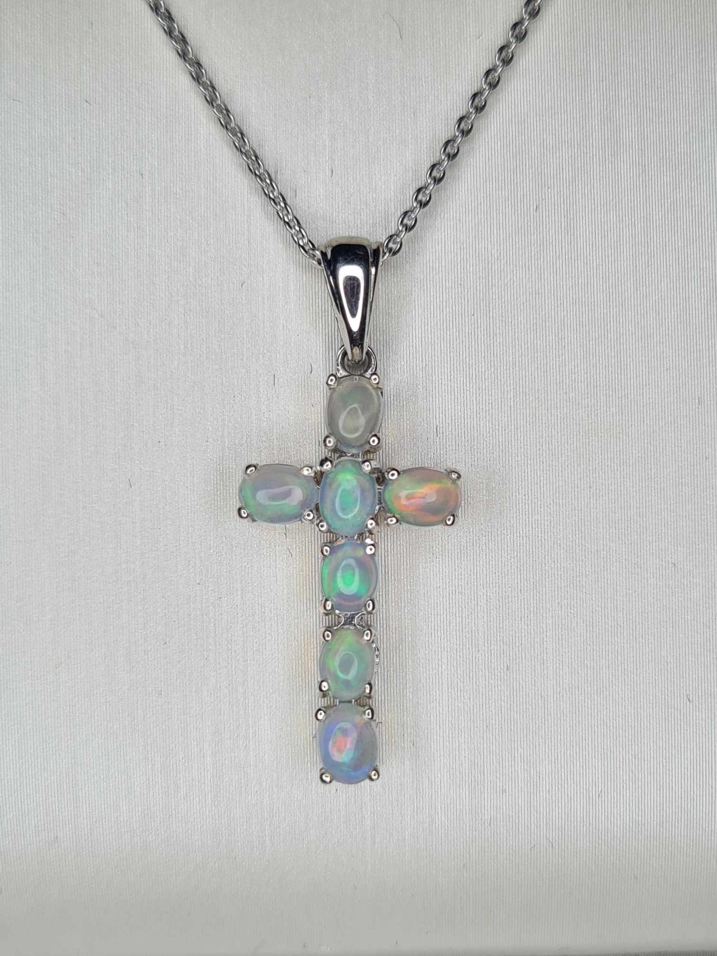 0.760ct. Ethiopian Opal Cross Necklace 925 Sterling Silver with platinum overlay