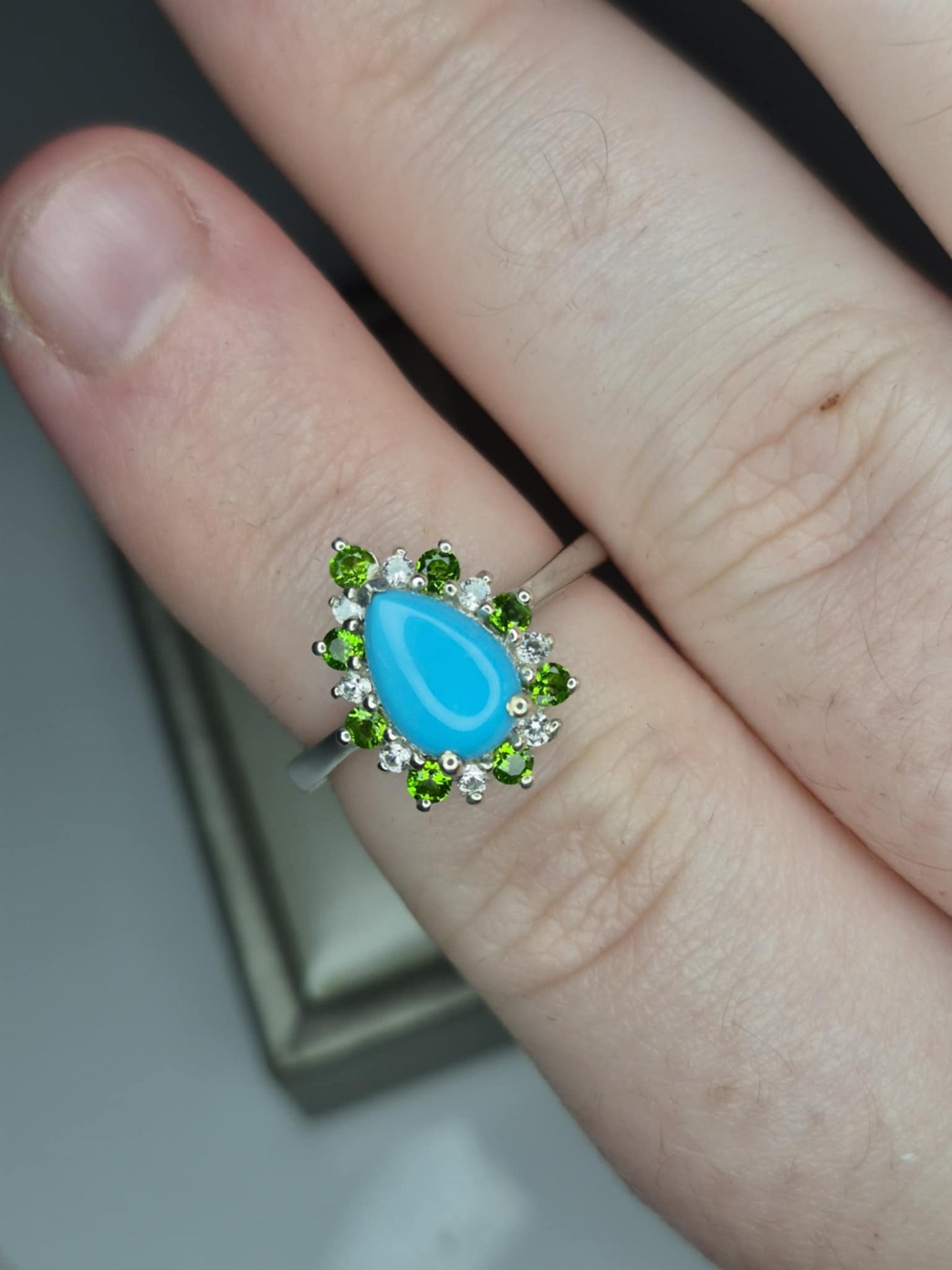 1.75ct Sleeping Beauty Turquoise, Russian Diopside, White Zircon Halo Ring in 925 Sterling Silver SIZE L