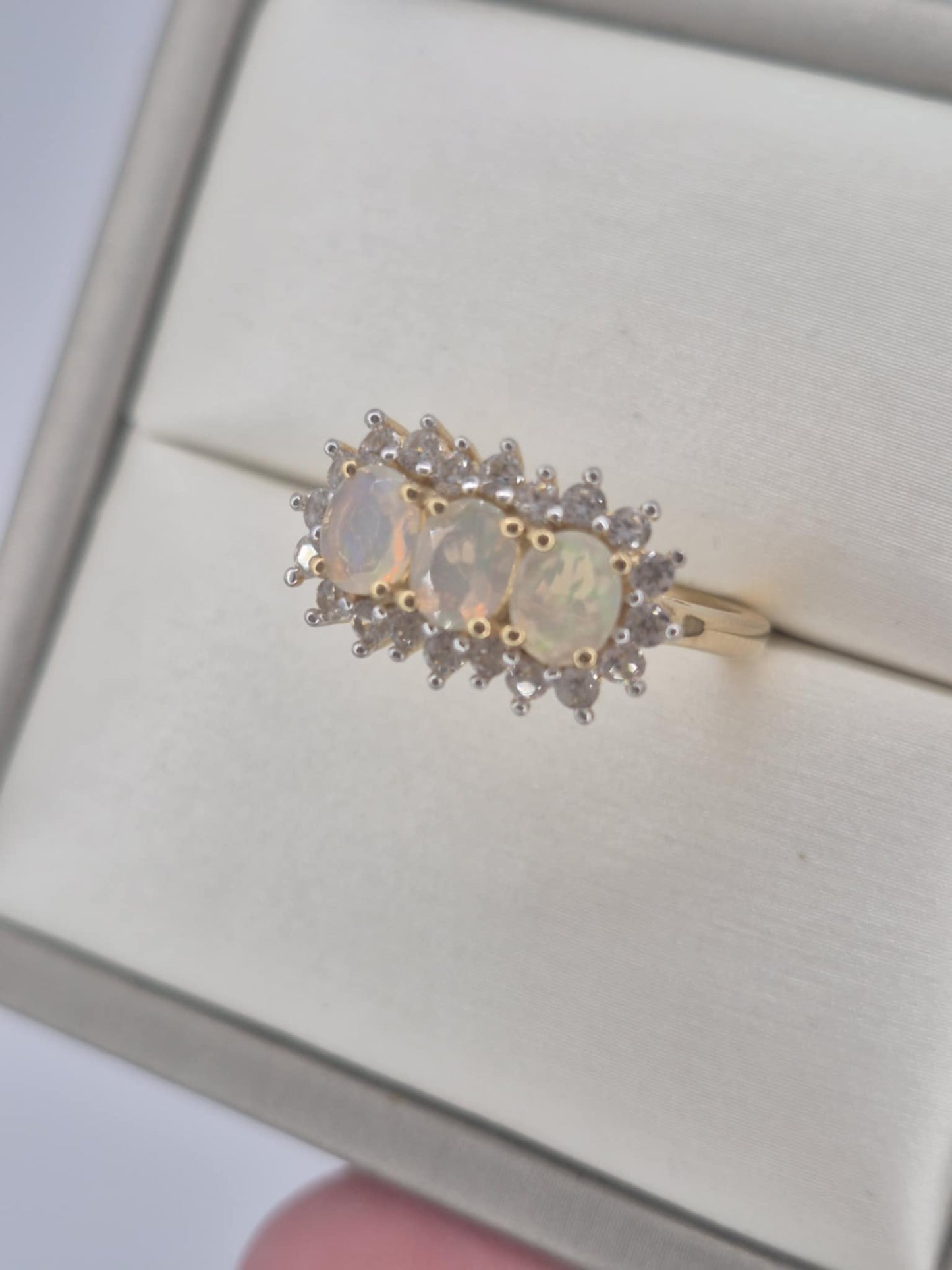 1.26ct Ethiopian Opal & White Zircon Halo Ring in 18K Gold Overlay 925 Sterling Silver SIZE L