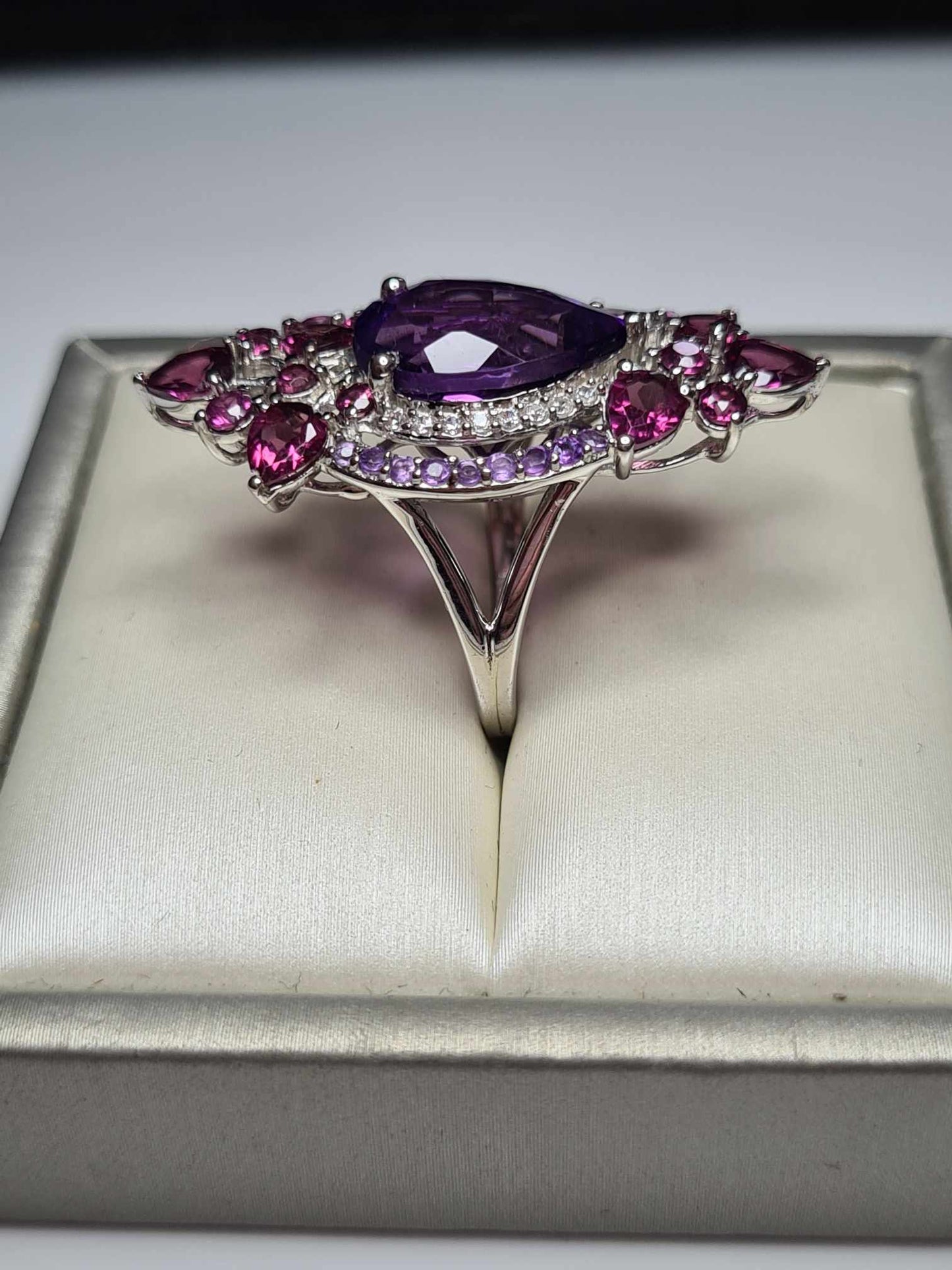 8.57ct Amethyst, Rhodolite Garnet and Natural Zircon Floral Ring in Platinum Overlay 925 Sterling Silver