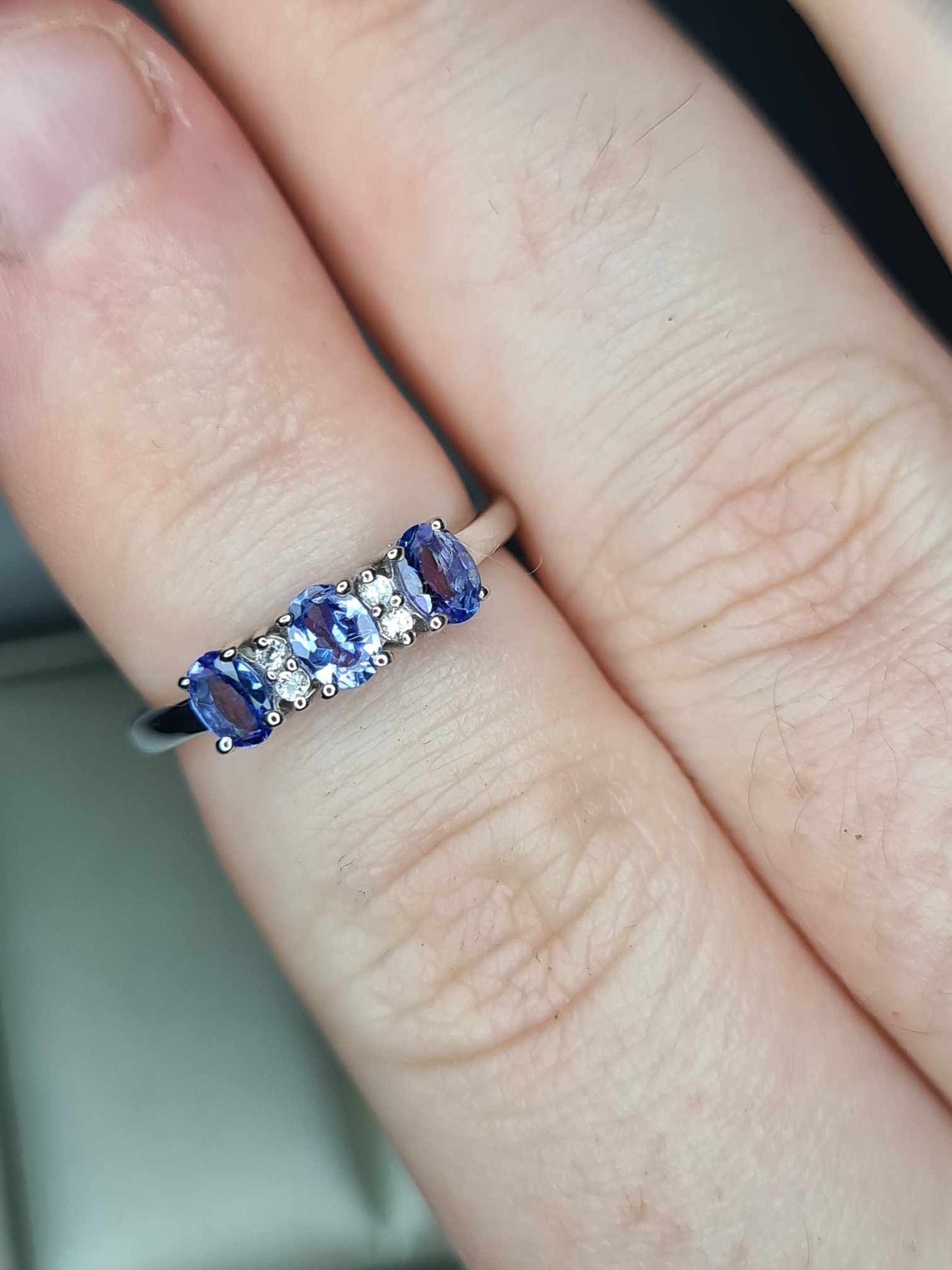 1.800ct Tanzanite Trilogy  ring with Natural White Zircon in Platinum Overlay 925 sterling Silver SIZE K