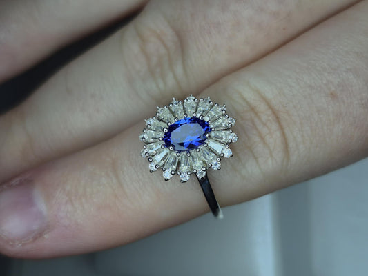 1.24ct Tanzanite & Moissanite Halo Ring in Rhodium Overlay 925 Sterling Silver SIZE M