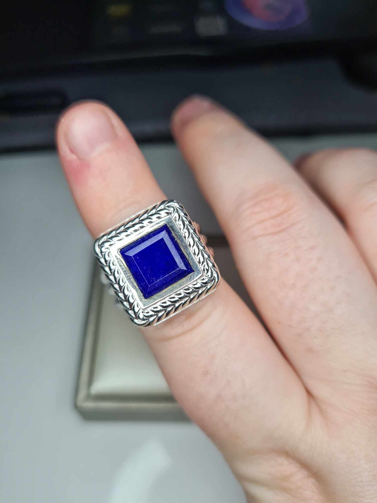 5.04ct Lapis Lazuli Solitaire Halo Ring in Platinum Overlay 925 Sterling Silver SIZE N