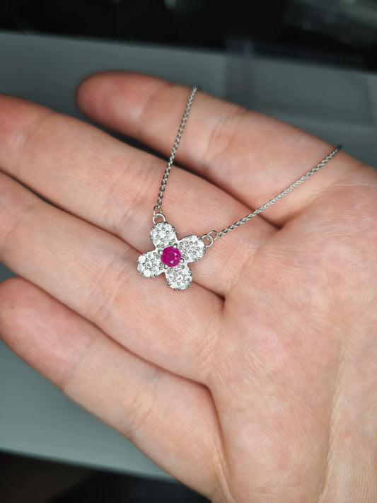 Mozambique Ruby, White Zircon Floral Necklace in Rhodium Overlay 925 Sterling Silver