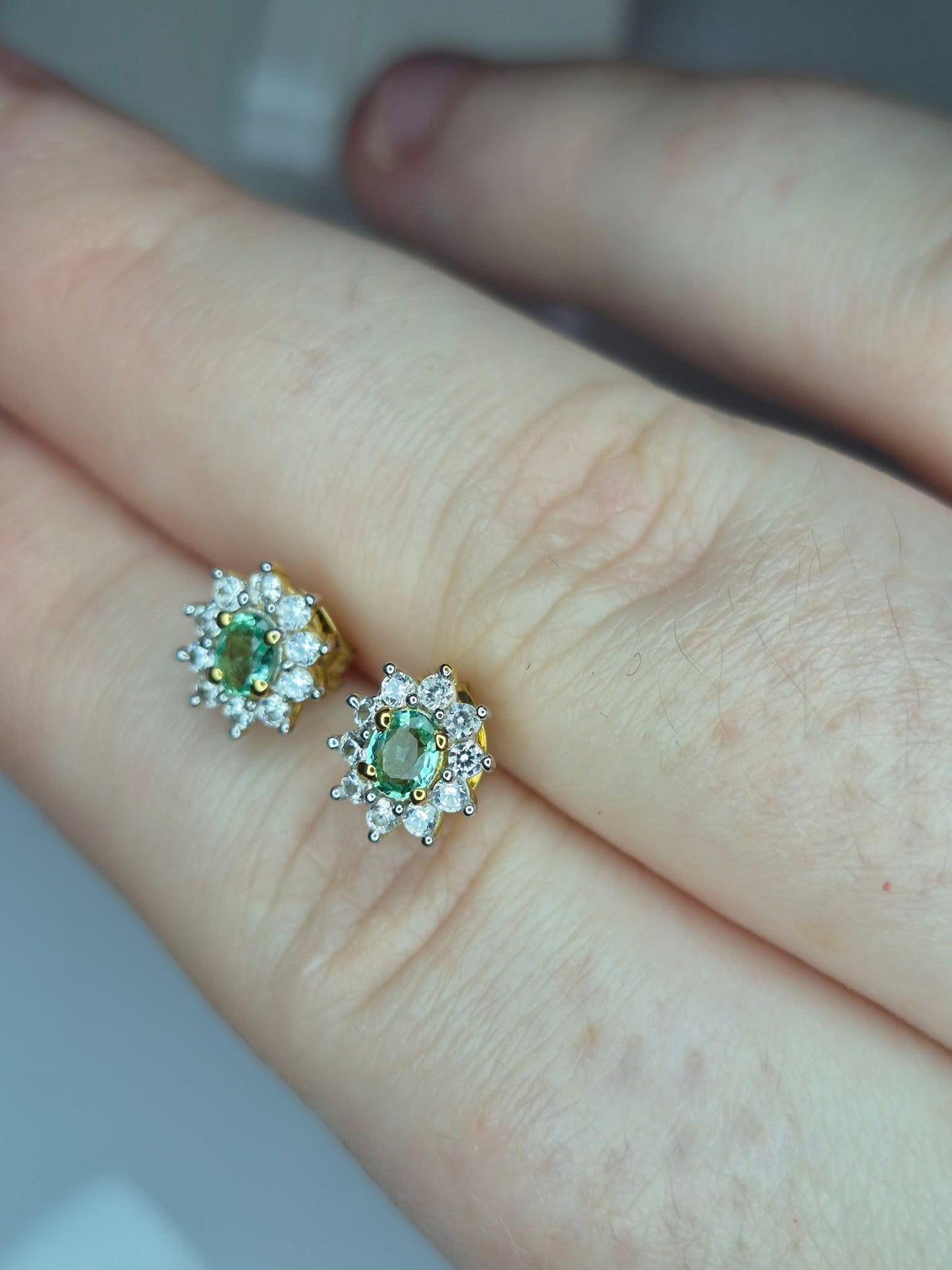 Colombian Emerald & White Zircon Stud Earrings 18k Gold Overlay 925 Sterling Silver