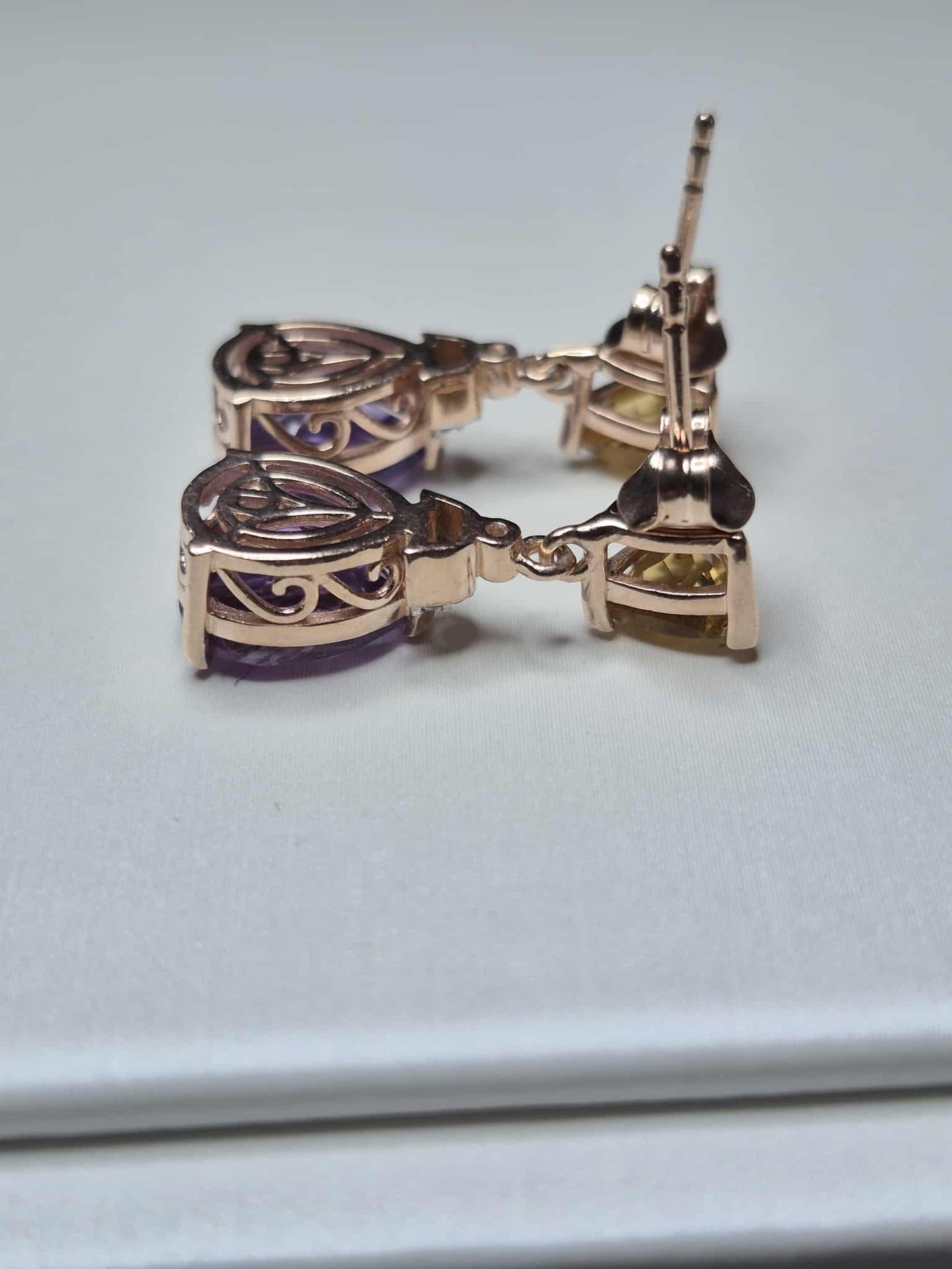 5.71ct Rose De France Amethyst, Citrine Dangle Earrings 925 Sterling Silver