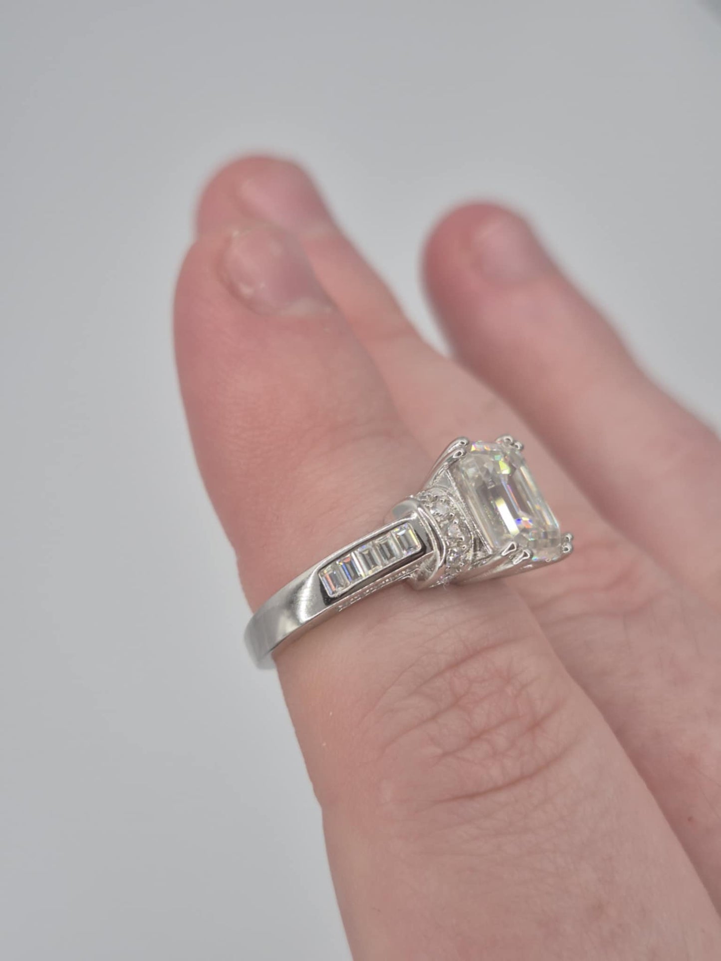 3.30 ct Moissanite Emerald Cut Pave Set Ring in Rhodium Overlay 925 Sterling Silver SIZE L