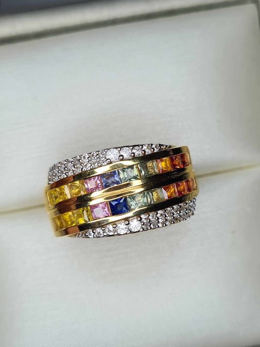2ct Rainbow Sapphire & Natural Zircon Cluster Band Ring in 18K Gold Overlay 925 Sterling Silver SIZE J
